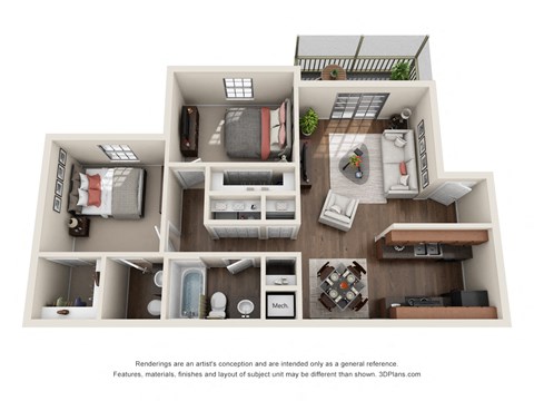 Floor plan for 2 beds, 1.5 baths, 955 sqft